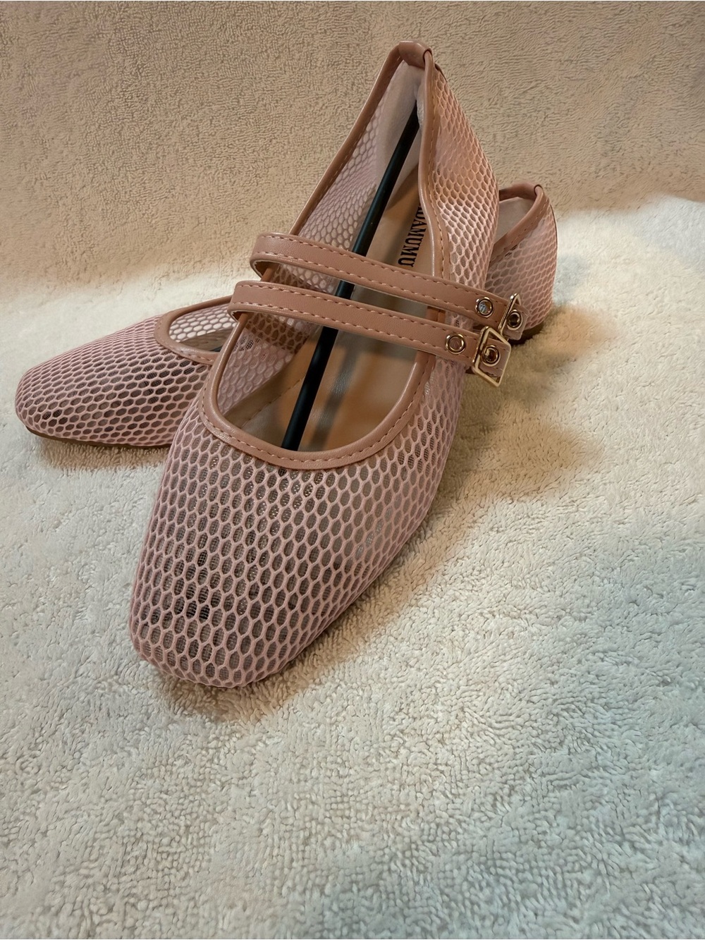 Women's Double-Strap Mesh Mary Jane Flats in Dusty Pink